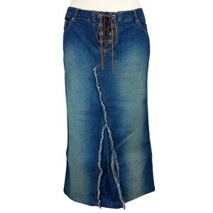 Vintage Y2K XOXO Womens Denim Maxi (11/12) Skirt Lace-up Boho Grunge Festival